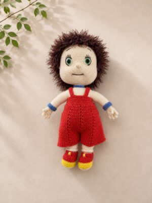 El Örgüsü Kırmızı Tulumlu Amigurumi Bebek